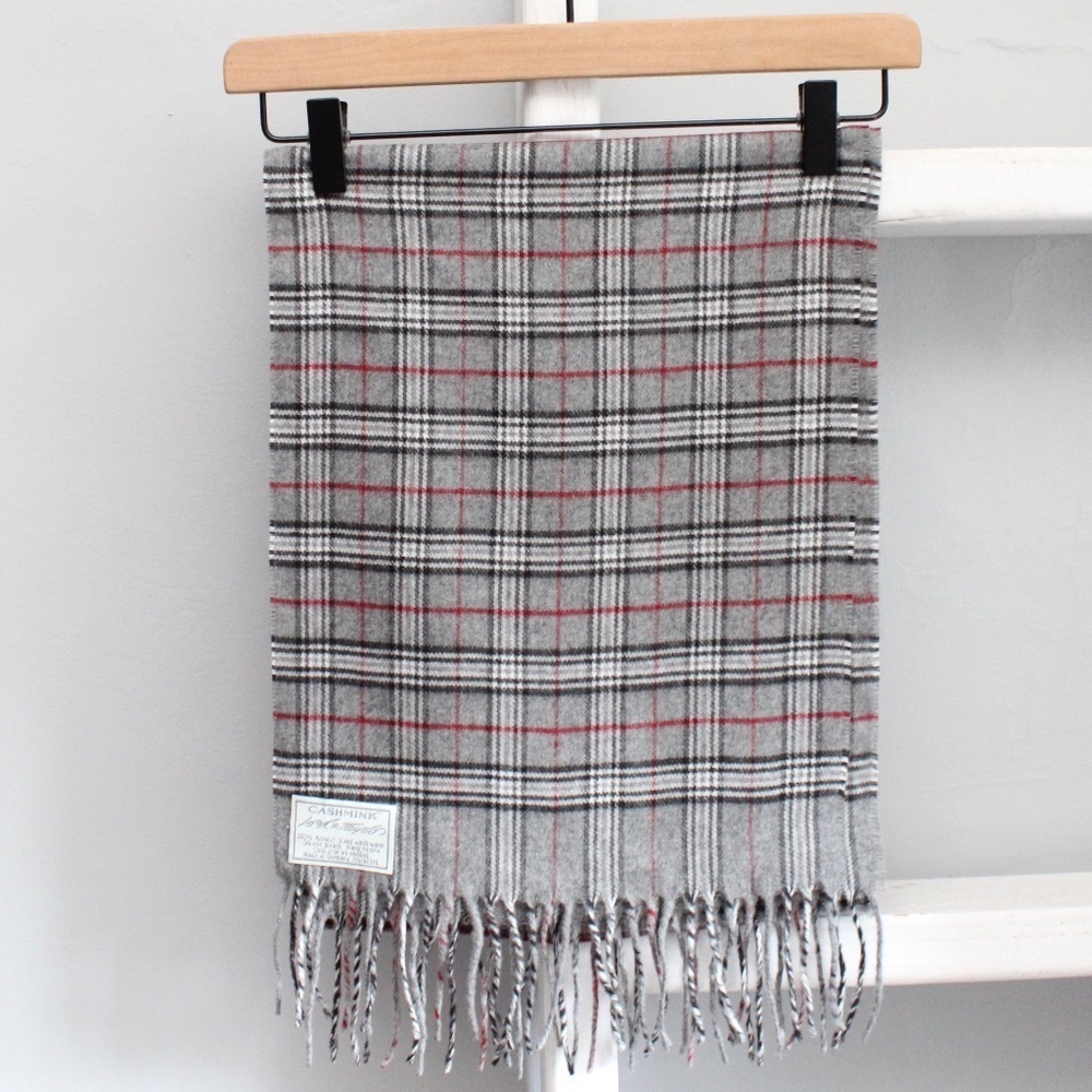 Lord & Taylor Gray Plaid Black Red Fringe Cahmink Neck Scarf
